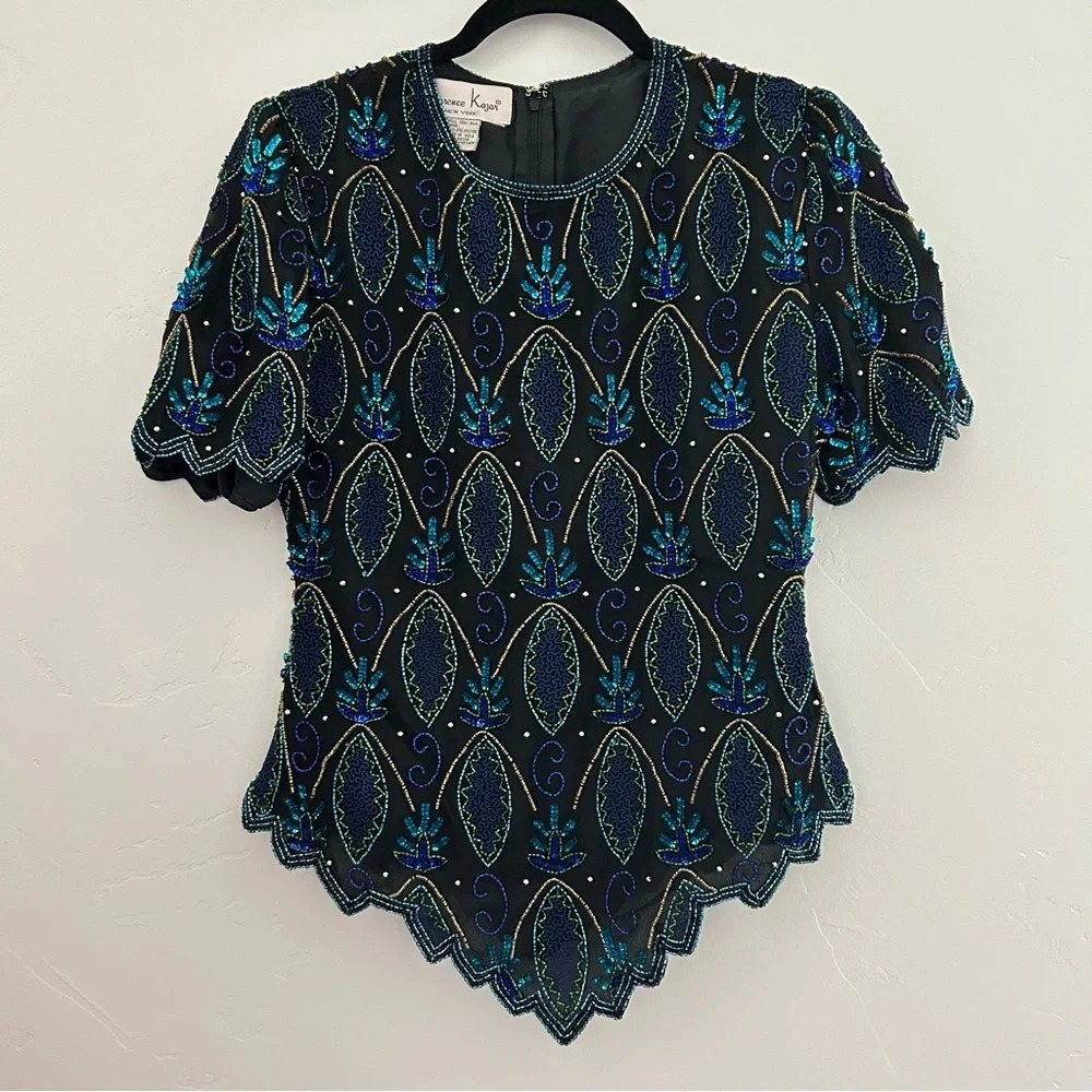 Vintage Silk‎ Beaded Sequin Blouse Laurence Kazar SZ Petite Small Formal Holiday
